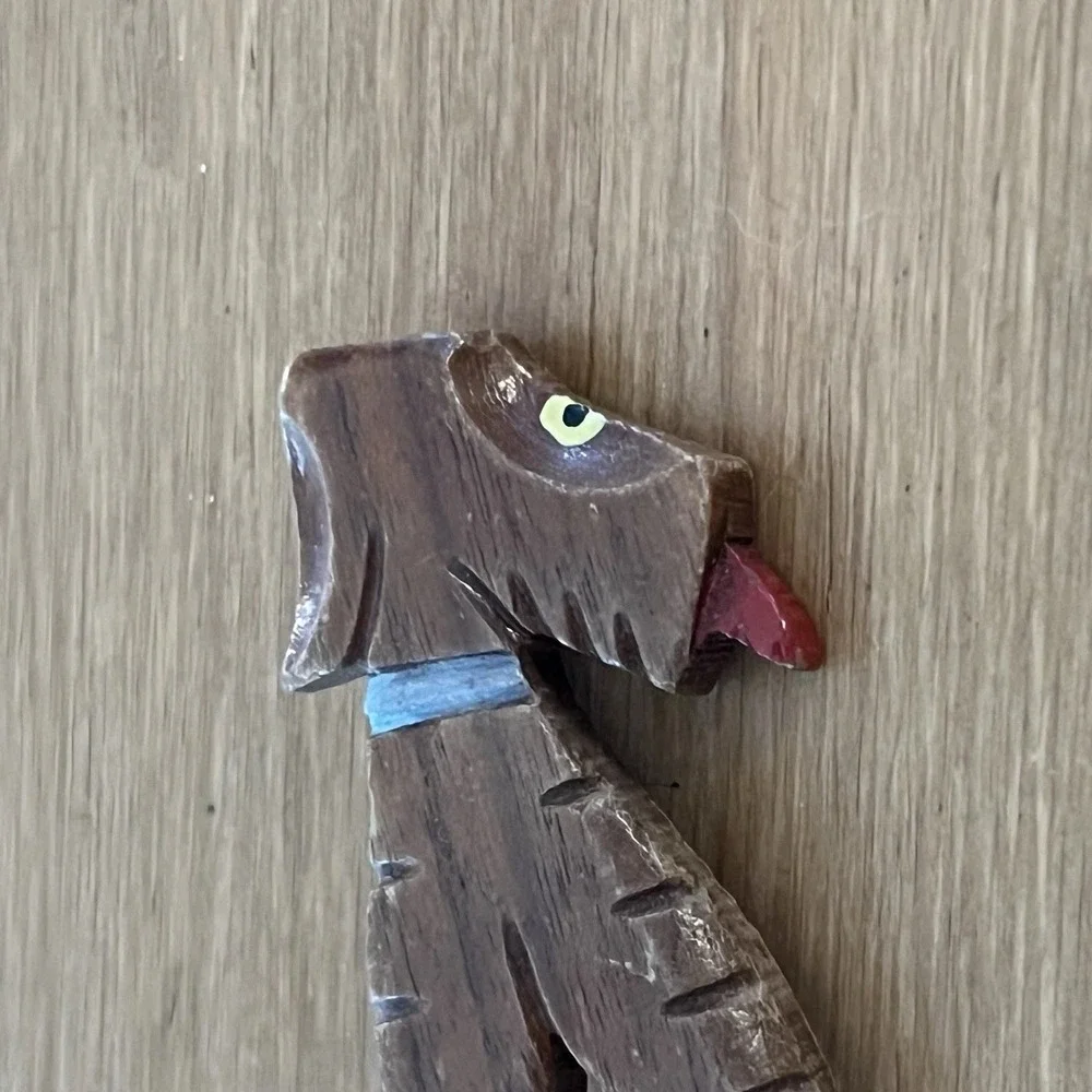Vintage Hand Carved Wood Dog Brooch Pin Folk Art Primitive Rustic Terrier